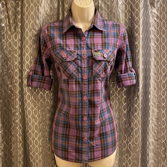 SOLD! SuperDry Co Purple & Blue Plaid Checkered Button Shirt w/Roll-Up Sleeves - Picture 6 of 11